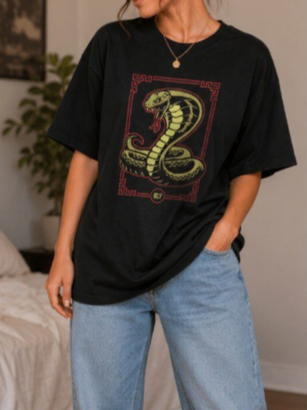 Cobra Kai Snake Graphic Tee | Oversized Black Karate Kid Shirt
